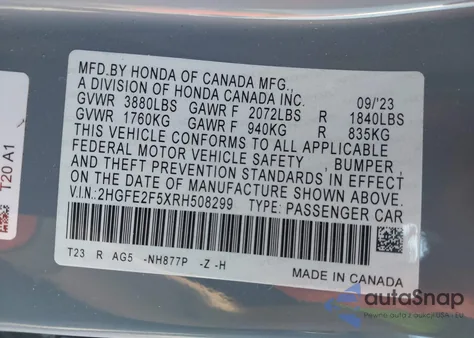 2024 Honda Civic Sport from USA, damaged, VIN 2HGFE2F5XRH508299